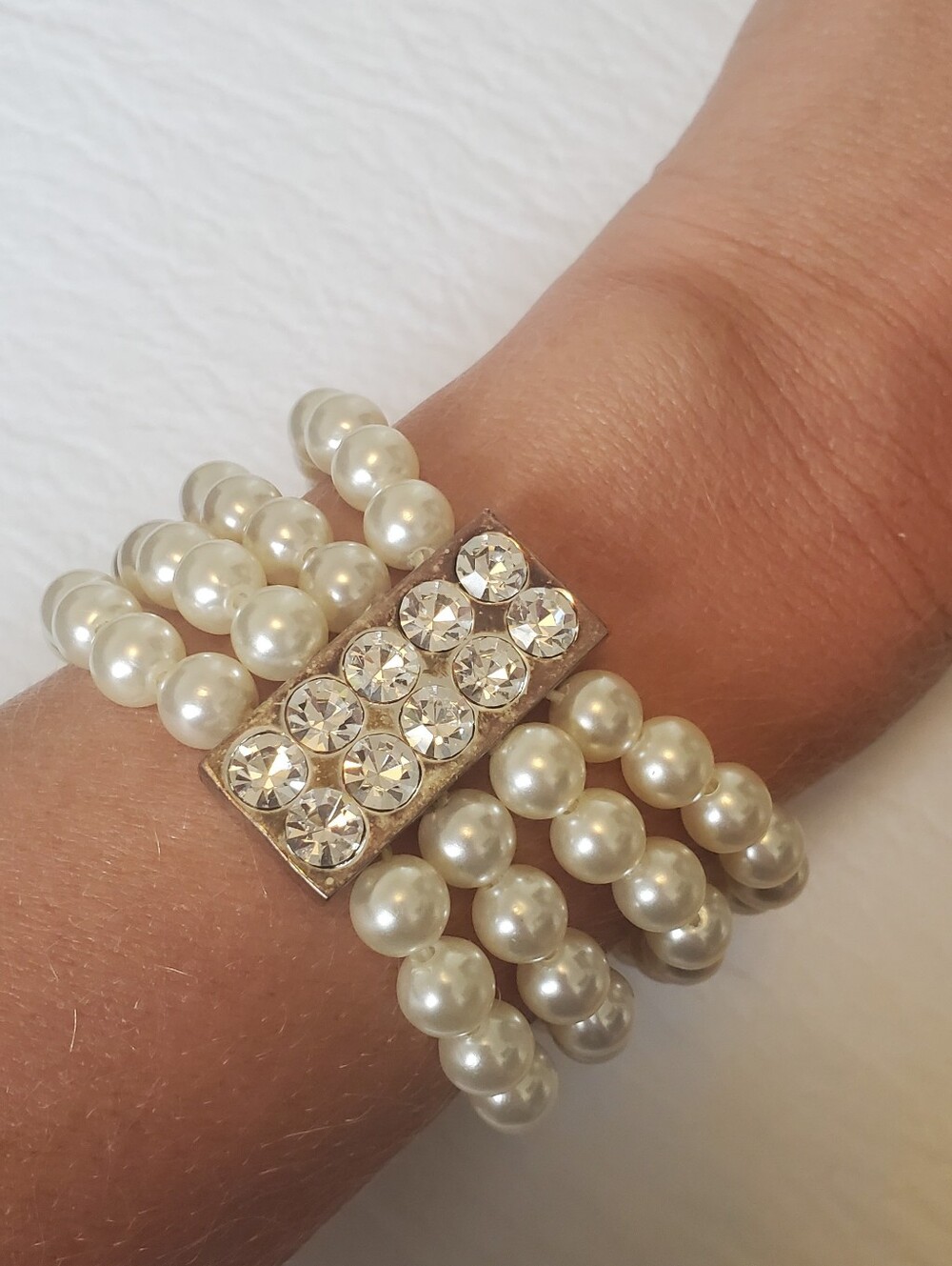 Vintage Multi-strand Faux Pearl Bracelet With Rhinestone-encrusted Centre Bar